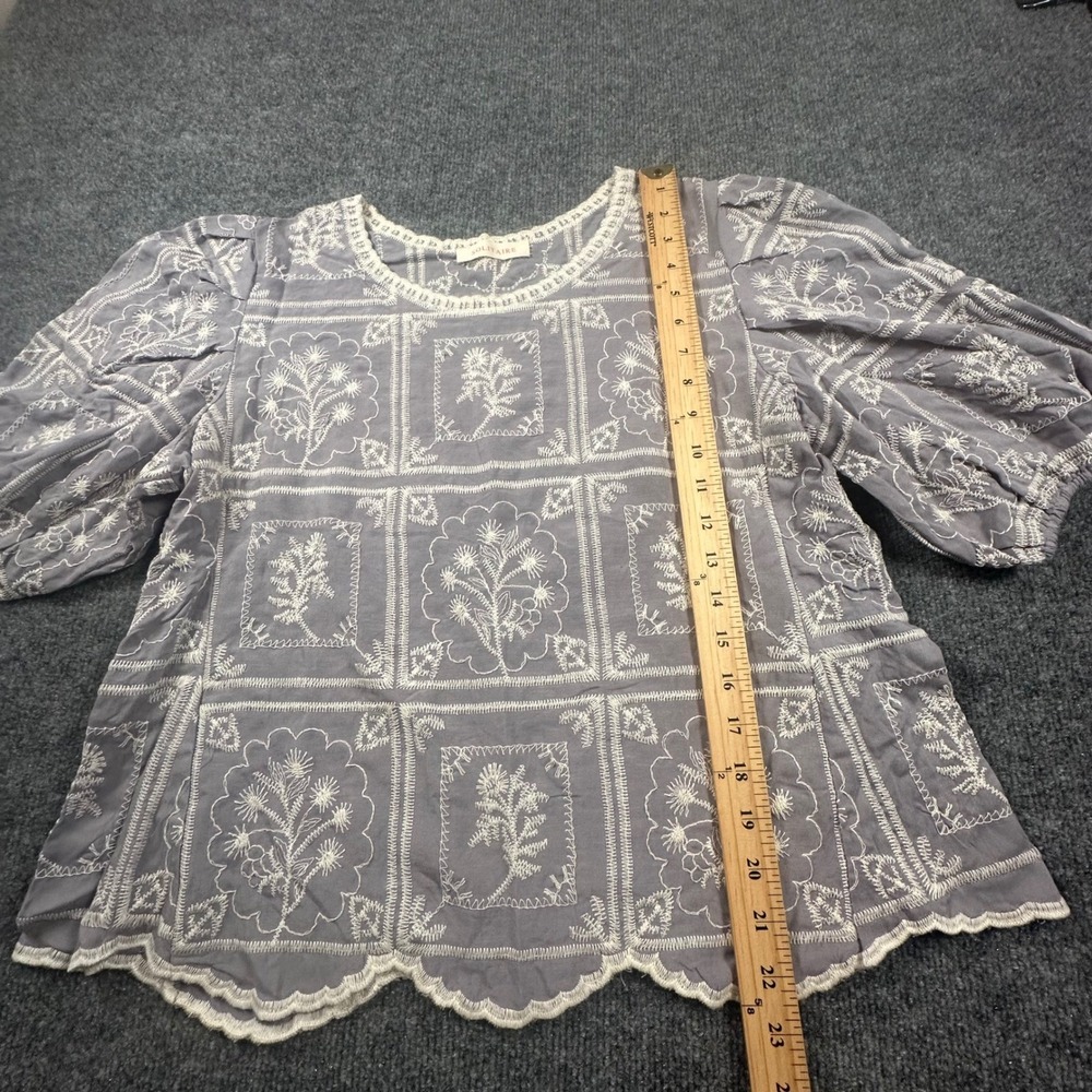 Solitaire Women's Medium Embroidered Lavender Gray Blouse Puff Sleeves - Picture 5 of 7